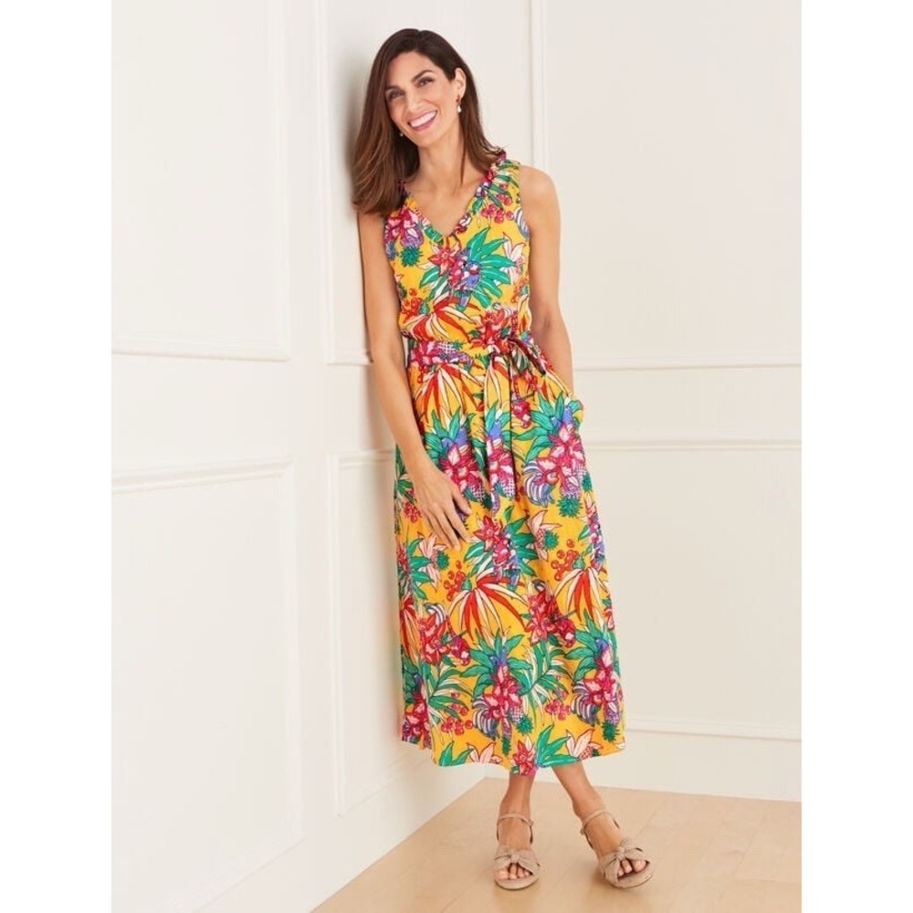 TALBOTS Sz 8 Floral Tropical Parrot‎ Swiss Dot Belted Maxi Dress Ruffle Summer